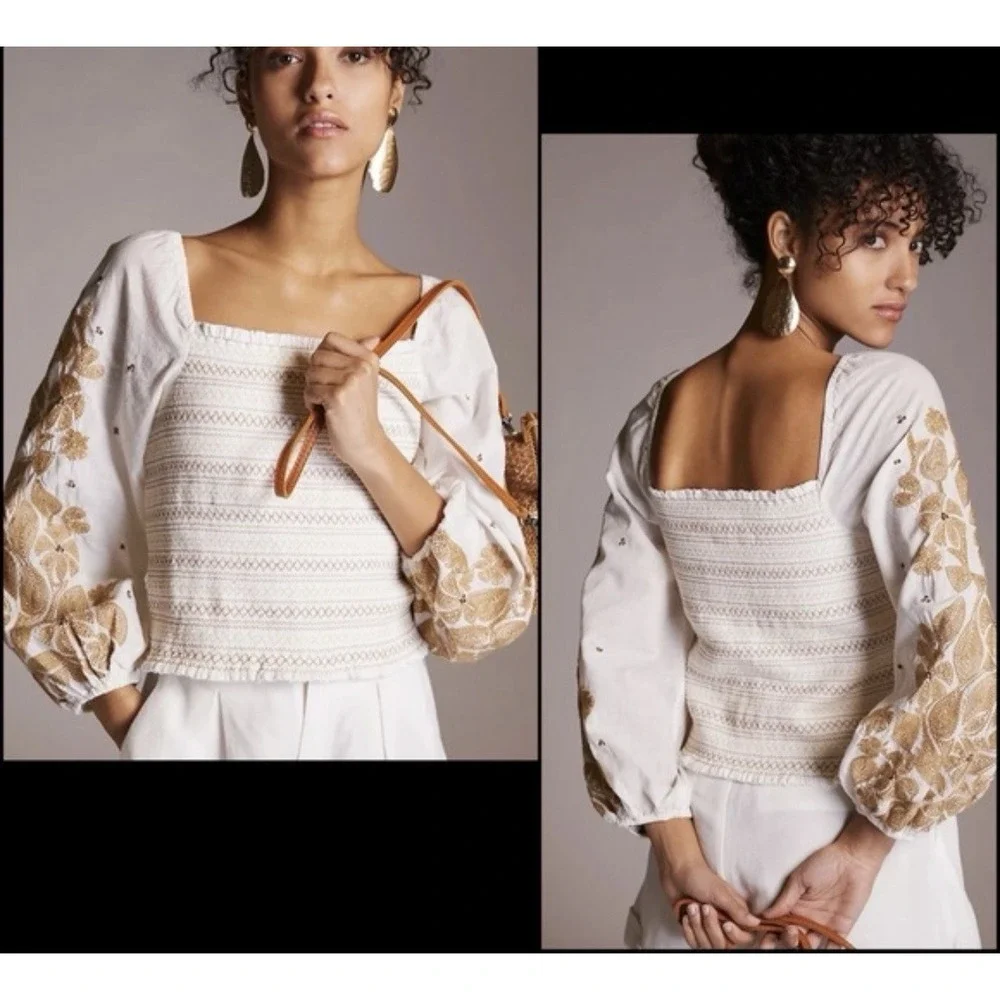 Anthropologie ivory gold embroidered blouse with balloon sleeves XL‎